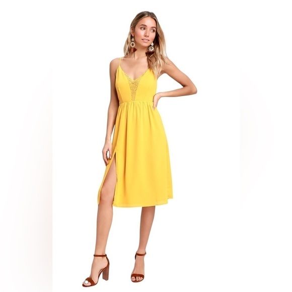 Lulus Lace Midi Dress Butter Yellow Slip Backless Coquette Wedding Guest - Picture 1 of 12